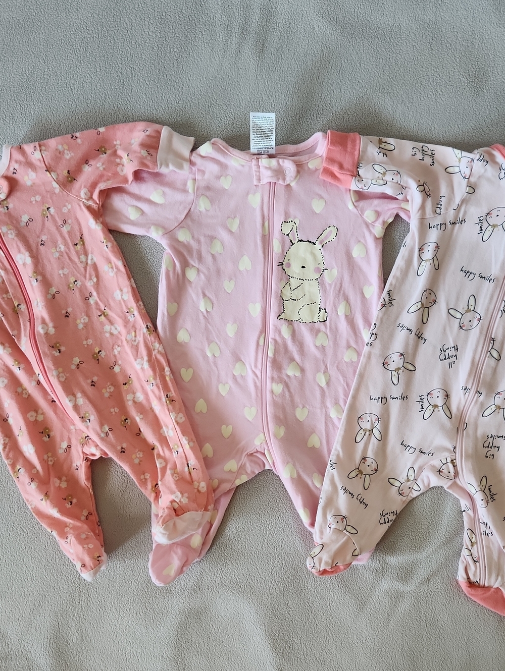 Gerber Pink Bunny Heart Zip Footed One-Piece Sleepers - 3-Pack Look